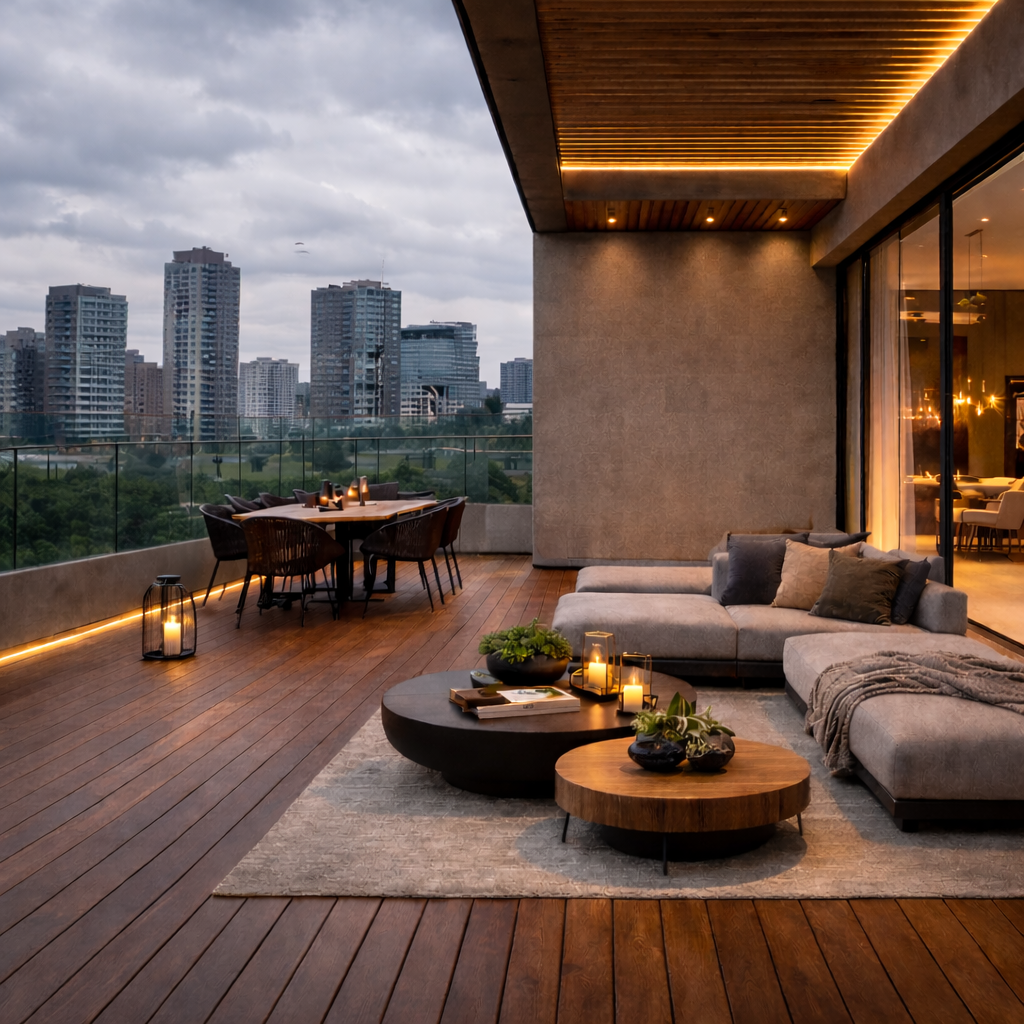 Deck exterior moderno en terraza de lujo con diseño contemporáneo y vegetación tipo oasis