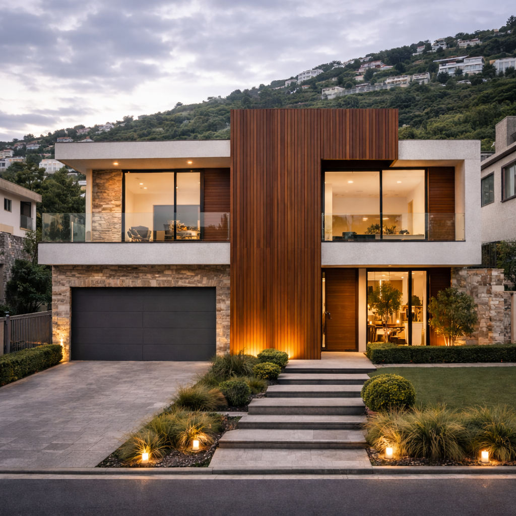Lambrín exterior moderno en fachada residencial contemporánea en Lomas Verdes México