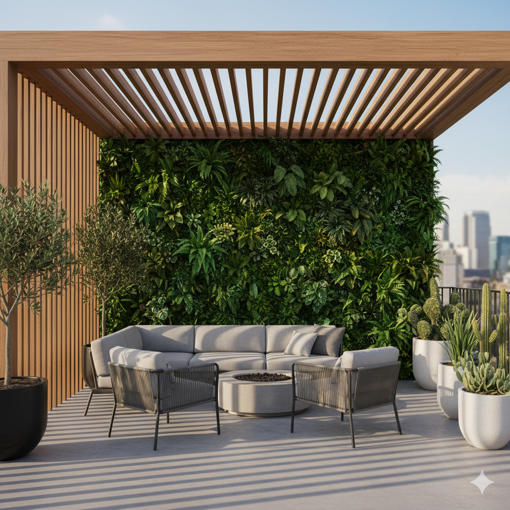 Terraza moderna con muro verde artificial y pérgola de madera de MyOasis