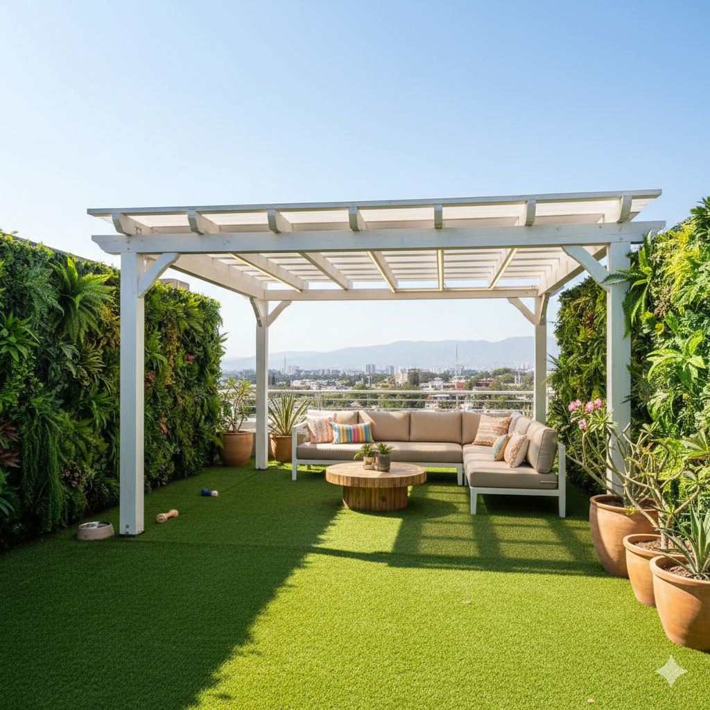 Terraza moderna con pasto artificial de alta gama, mobiliario de madera y muro verde