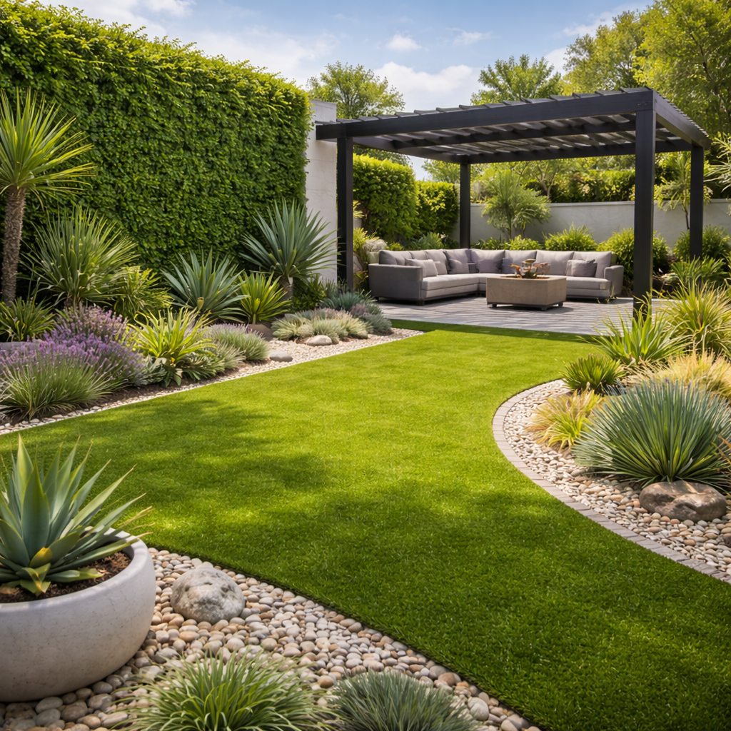 Terraza moderna diseñada con principios de xeriscaping, incluyendo pasto artificial y muros verdes